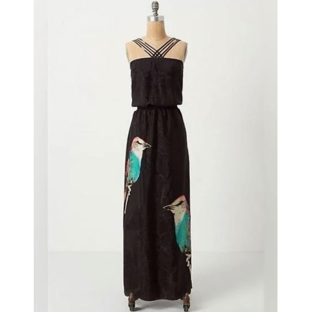 Leifsdottir Maxi Dress Women 6 Black Silk Bird Print Strappy Cage Neck Jacquard